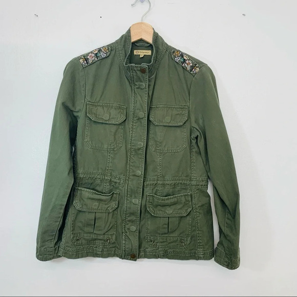 Democracy  Military Utility Jacket Woman  XS Army Green Embroidery Zip  Pockets - Picture 1 of 12
